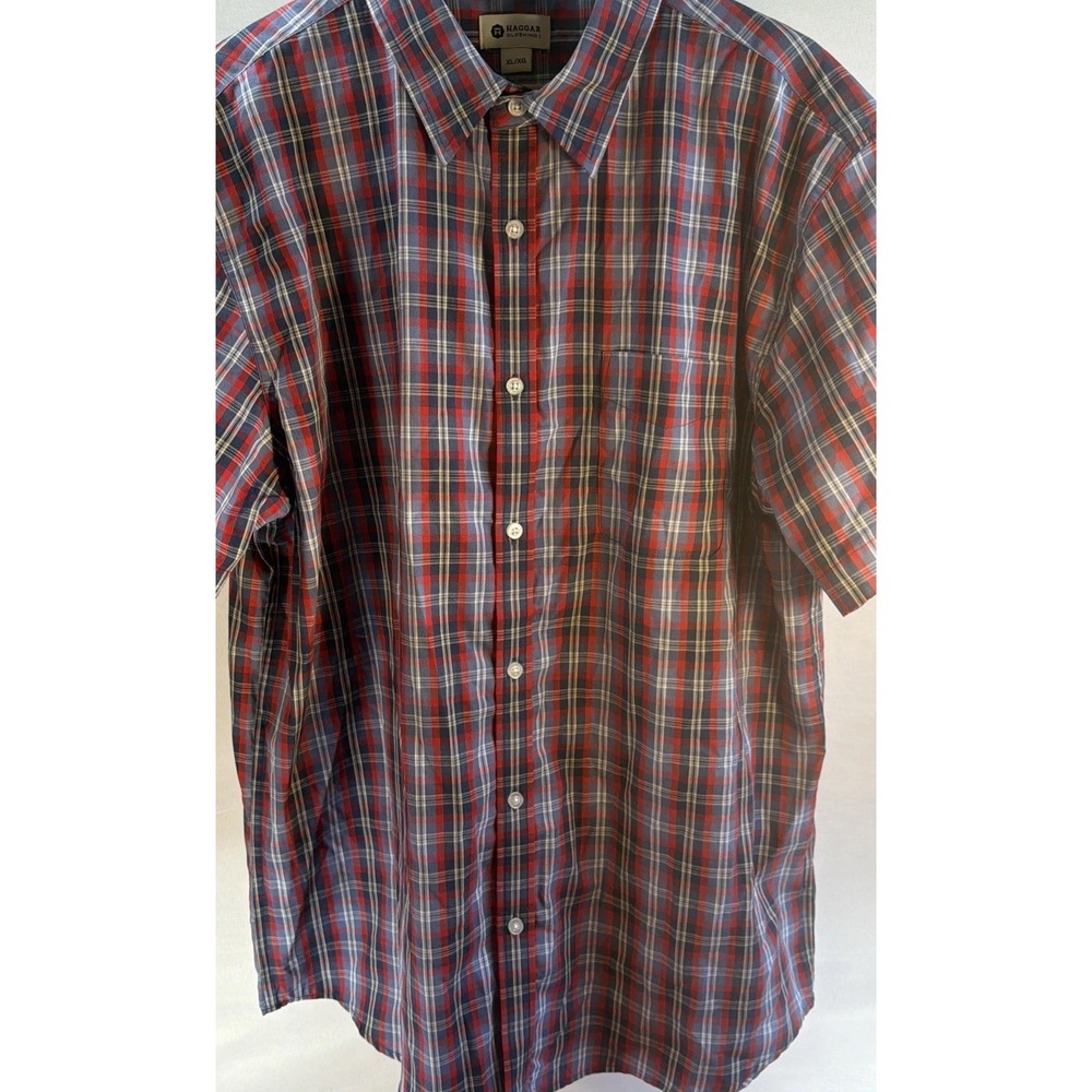 Haggar Men's XL Short Sleeve Plaid Button-Down Collar Button-Up Shirt Blue Red